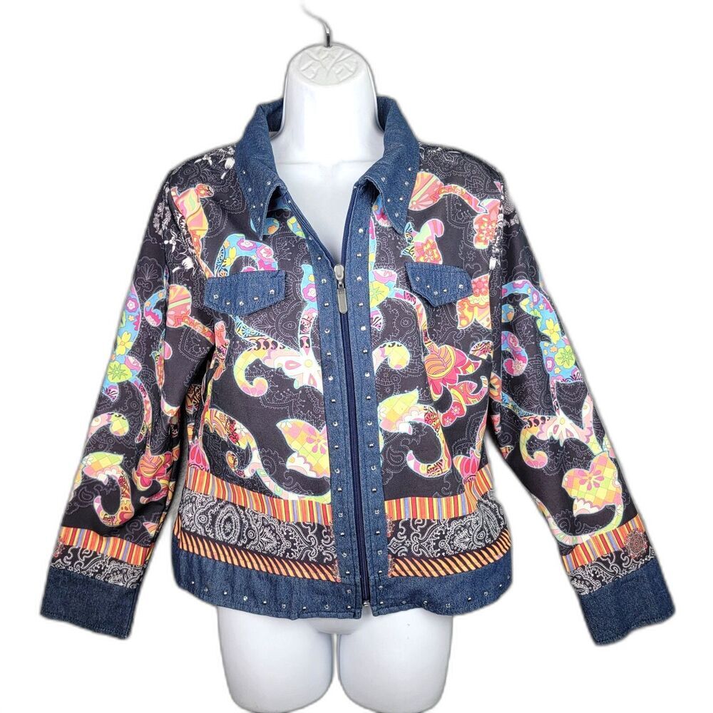 Cubism Full Zip Jacket Navy Multicolor M Rhinestone Art To Wear Vintage 90s